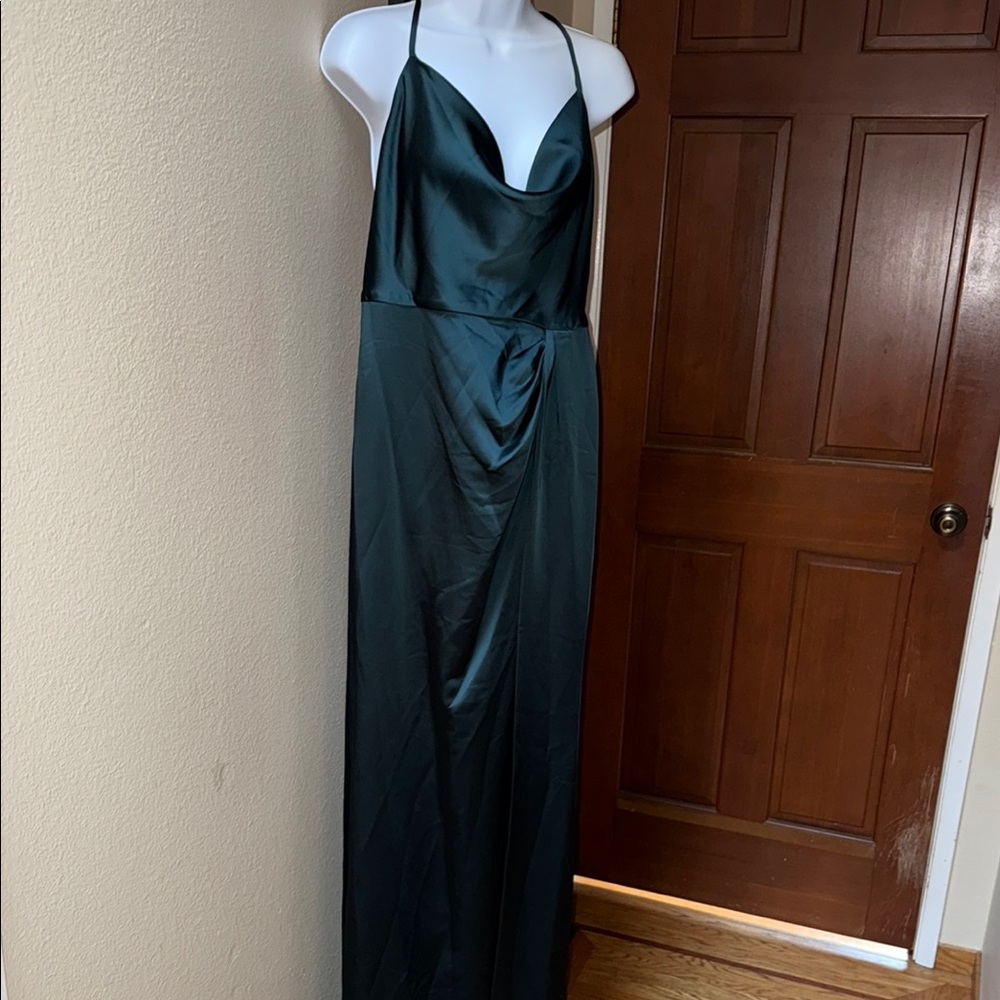Dessy Charmeuse Vivian Diamonds Cowl Neck Strapless Maxi Dress Evergreen Size 12